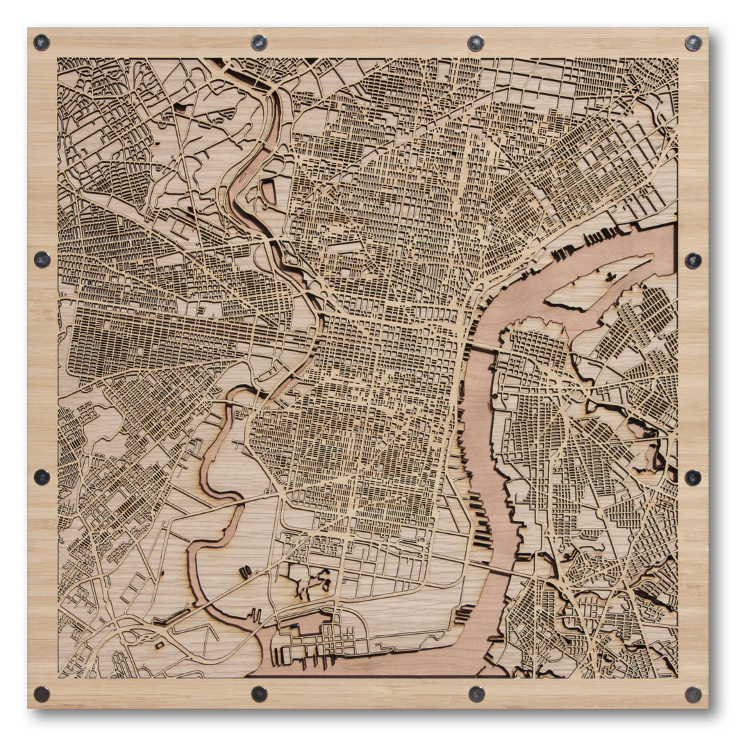 Philadelphia, PA - 15x15in Laser Cut Wooden Map