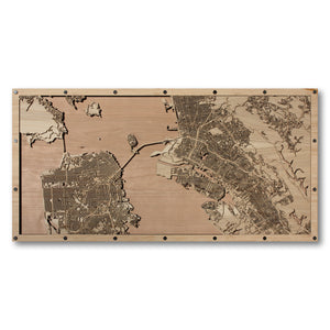 San Francisco, Oakland and Berkeley, CA - 30x15in Laser Cut Wooden Map
